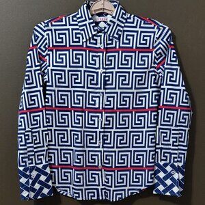 Tizzie Red/White/Blue Geometric Button Down With Contrasting Cuffs SIZE XS